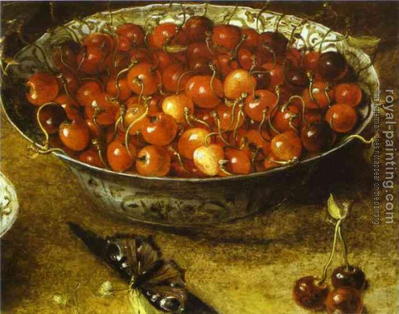 Osias Beert : Still Life with Cherries and Strawberries in Porcelain Bowls